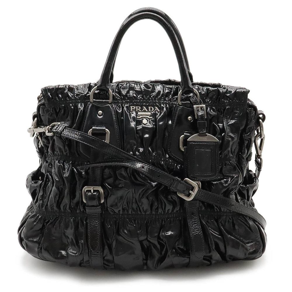 Prada Gathered Tote Bag Handbag Shoulder Patent Vernis Leather NERO Black